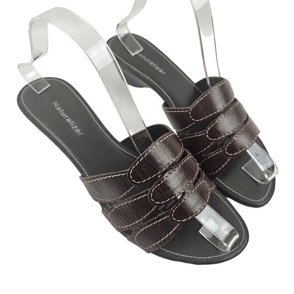 Naturalizer Womens Brown Leather Slide Sandals Size 8W Brazil Wedge Heel - Picture 1 of 9